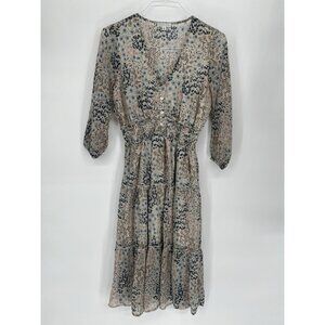 Ophelia Roe Floral Tiered Maxi Dress Multicolor 3/4 Sleeves Elastic Waist Size M